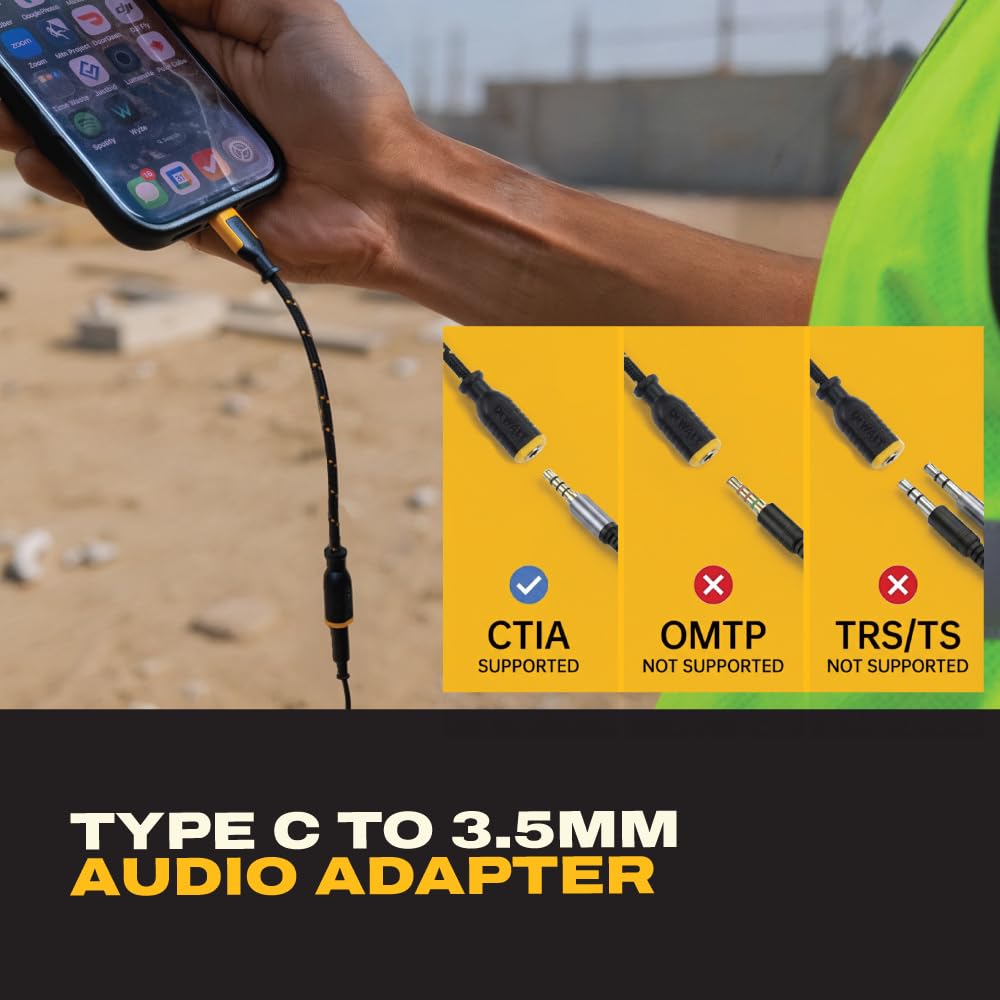 DEWALT adapter plugged into smartphone showing wired headphones working on the go
