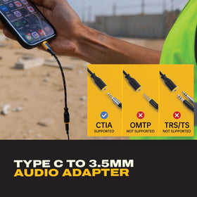 DEWALT adapter plugged into smartphone showing wired headphones working on the go
