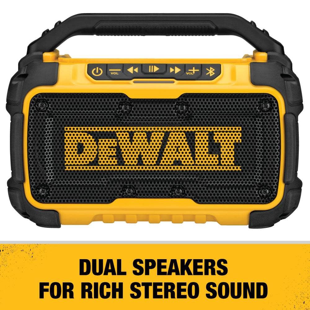 DEWALT DCR010 bass reflex port close-up enhances low-end performance on site.