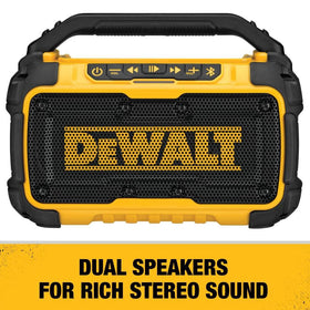 DEWALT DCR010 bass reflex port close-up enhances low-end performance on site.