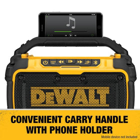 DEWALT DCR010 carry handle with phone slot keeps devices accessible.