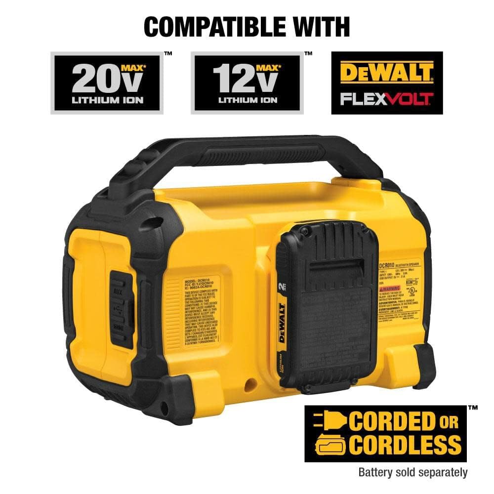 DEWALT DCR010 USB charging port enables on-site device topping-up.