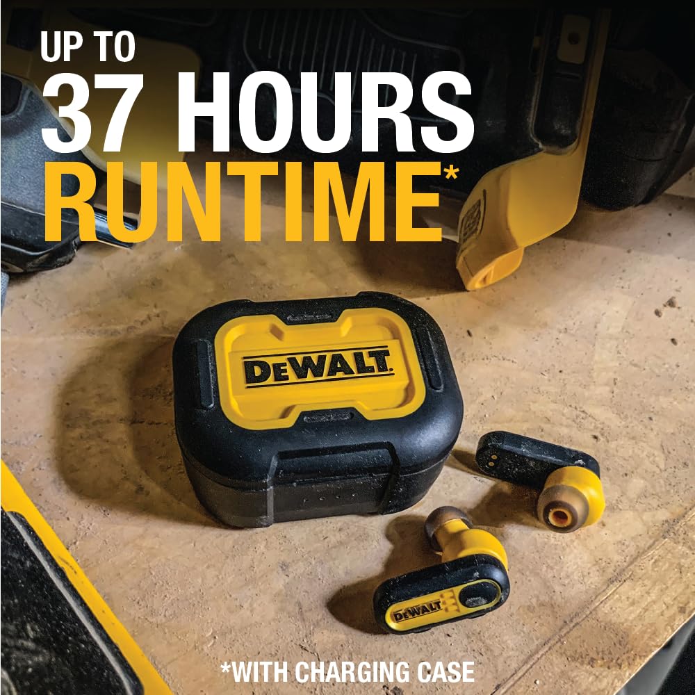 DEWALT earbuds offer up to 37 hours playtime with case.