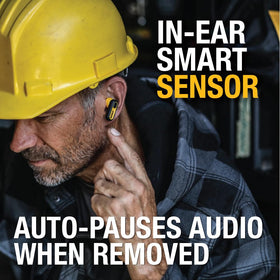 DEWALT in-ear sensors auto-play/pause music when worn or removed.