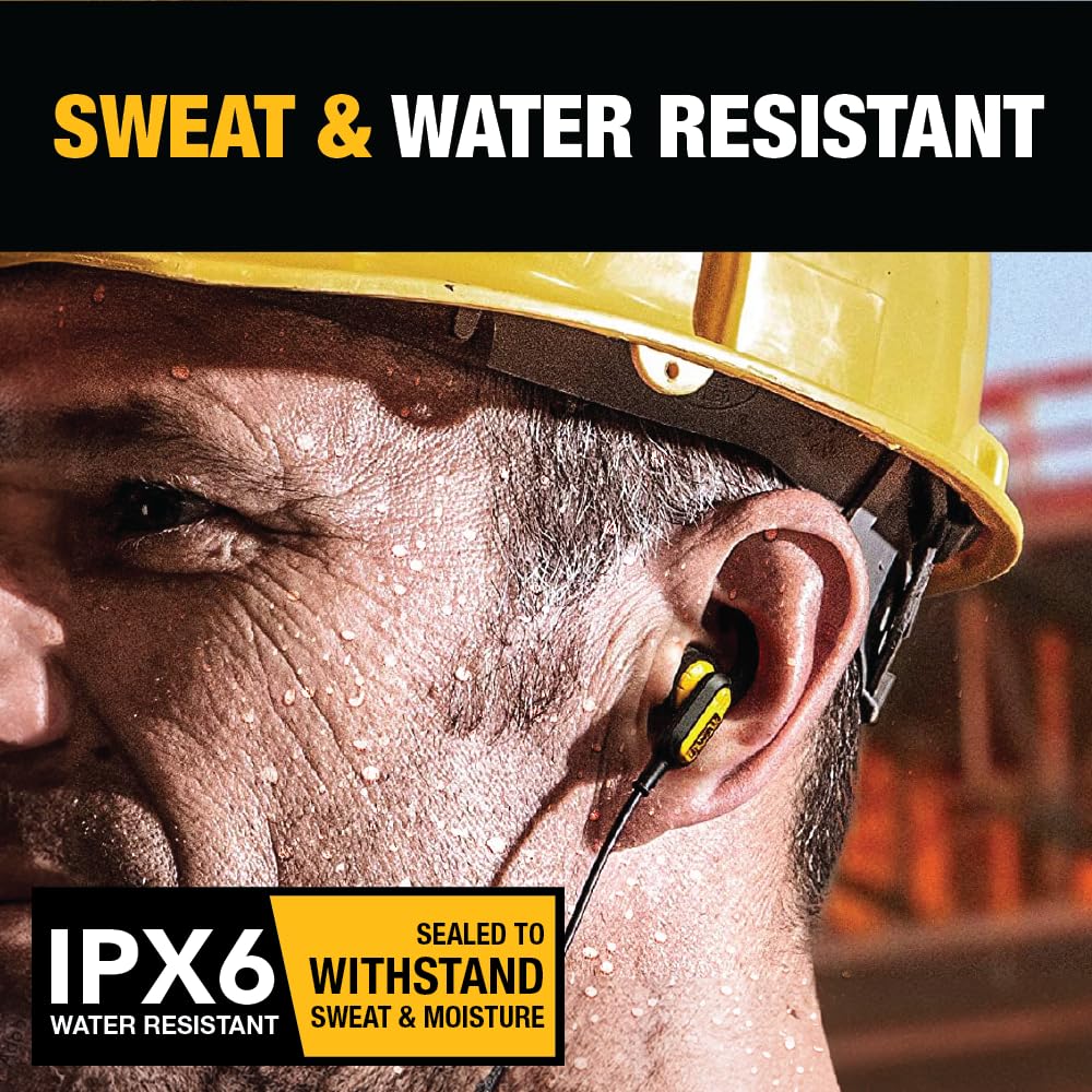 DEWALT earphones with IPX6 dust and water resistance for tough outdoor jobs.
