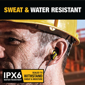 DEWALT earphones with IPX6 dust and water resistance for tough outdoor jobs.
