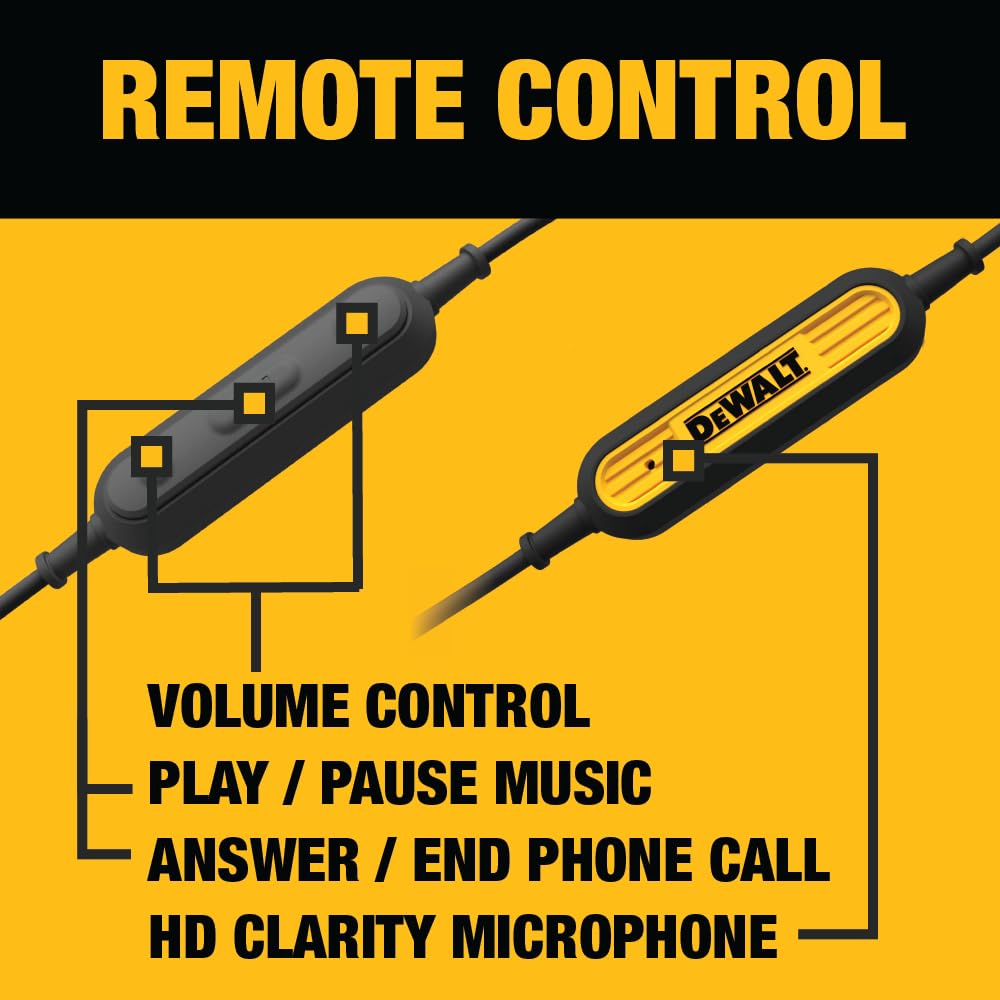 DEWALT earphones with microphone and inline controls for hands-free calls.