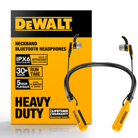 DEWALT heavy-duty Bluetooth neckband headphones front view ideal for hands-free calls on busy job sites.