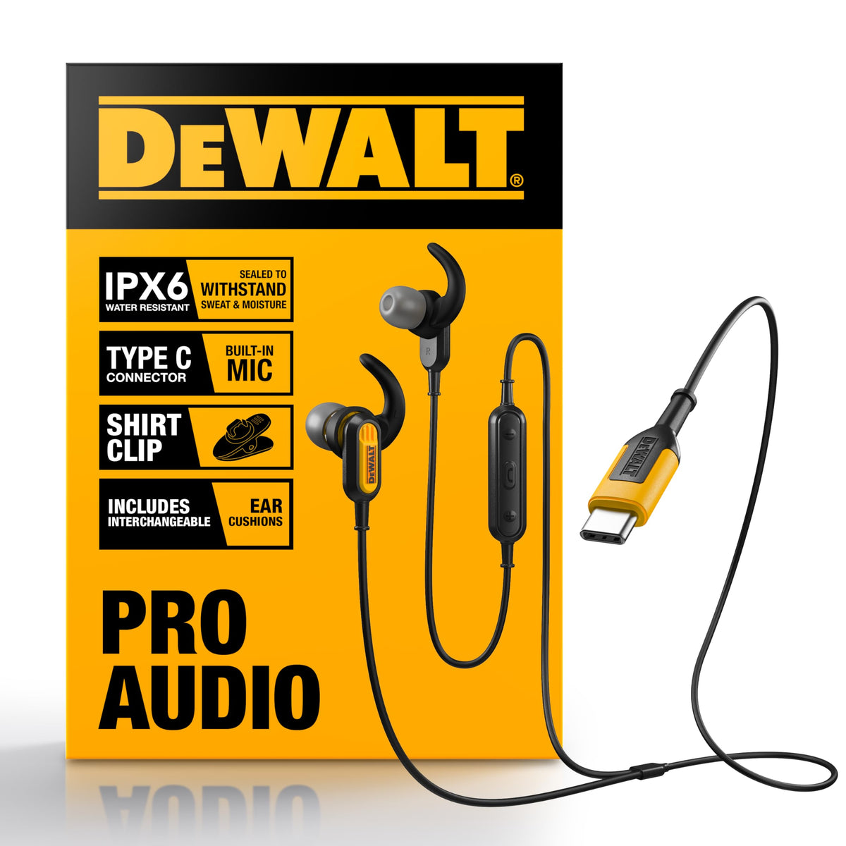 DEWALT heavy duty jobsite USB-C headphones close-up showing rugged design for harsh sites