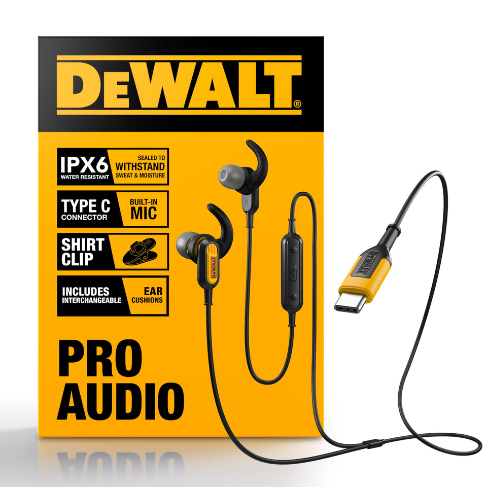 DEWALT heavy duty jobsite USB-C headphones close-up showing rugged design for harsh sites