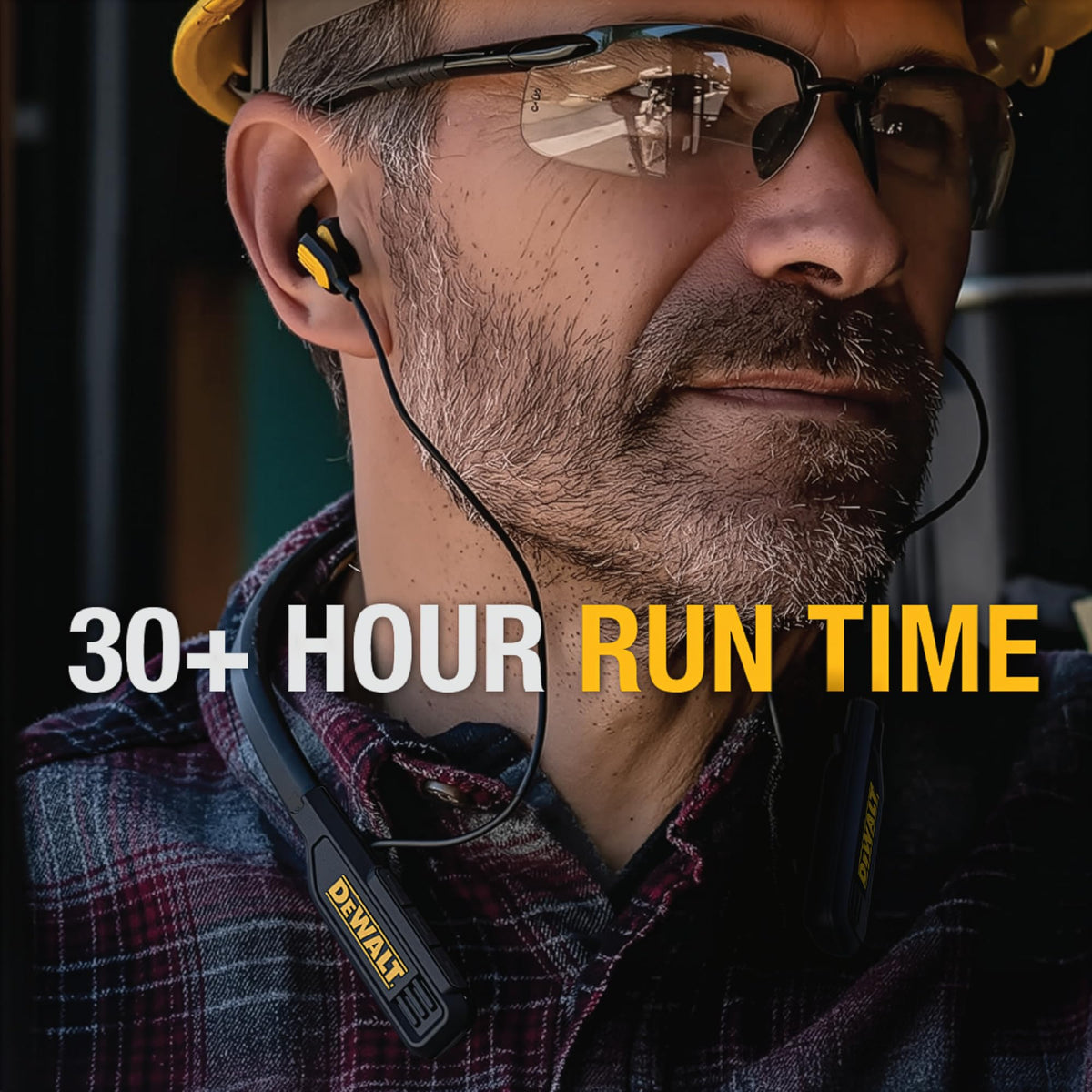 DEWALT neckband headphones charging port view, convenient USB-C charging on site.
