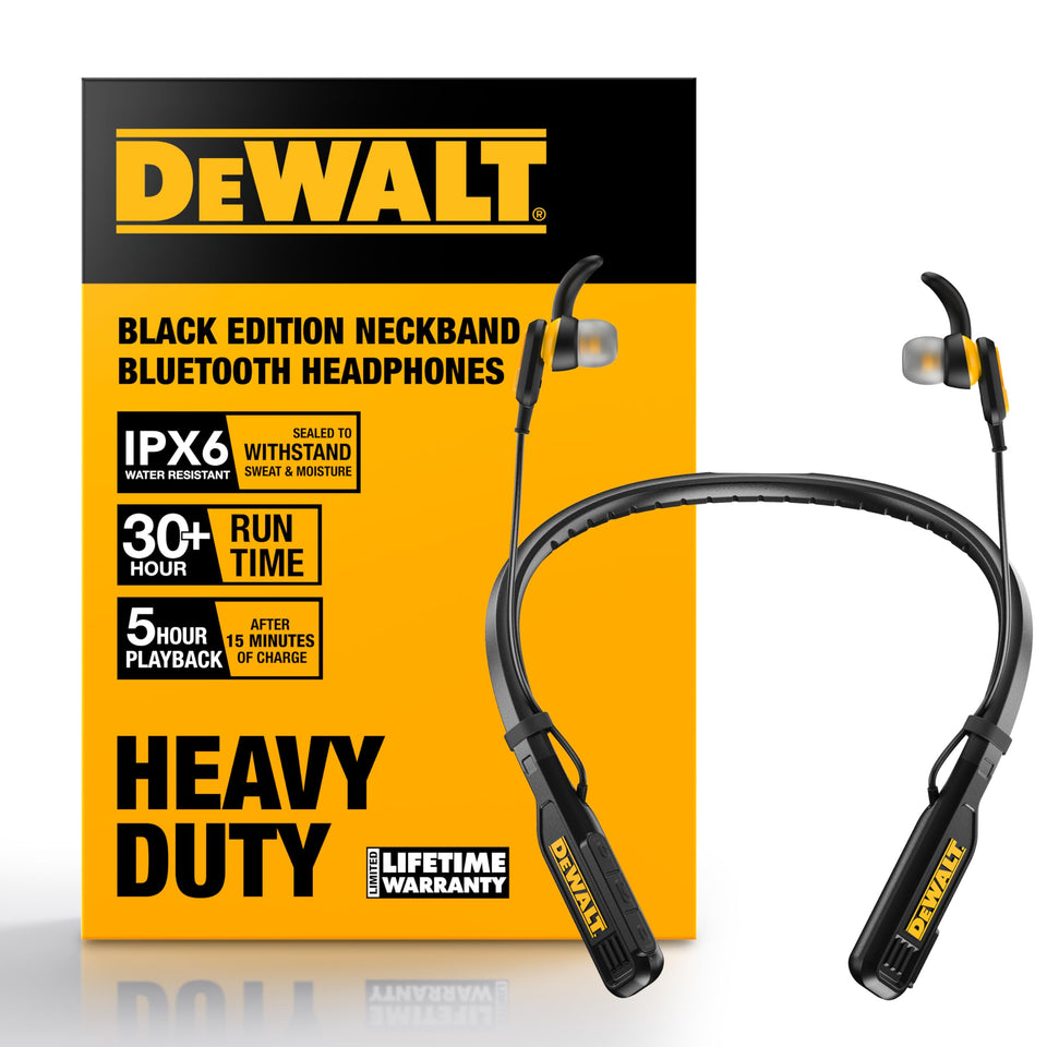 DEWALT heavy duty magnetic bluetooth neckband headphones, front view for all-day comfort and hands-free calls.