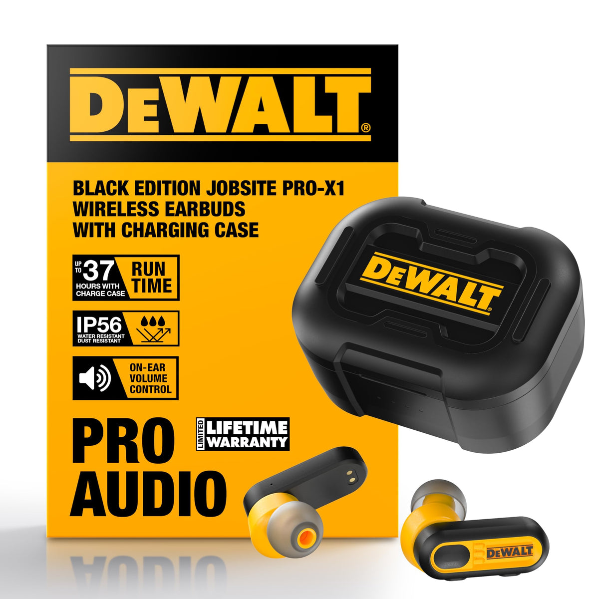 DEWALT heavy-duty wireless ear buds with charging case for on-the-go listening