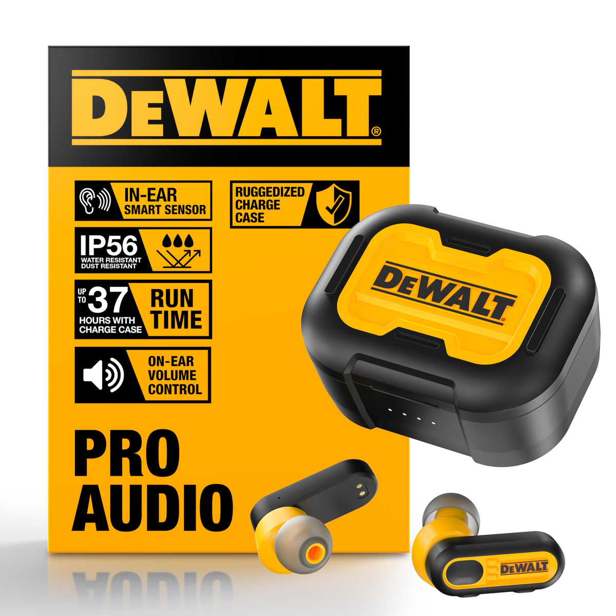 DEWALT heavy-duty true wireless earbuds with charging case for all-day use on the job.