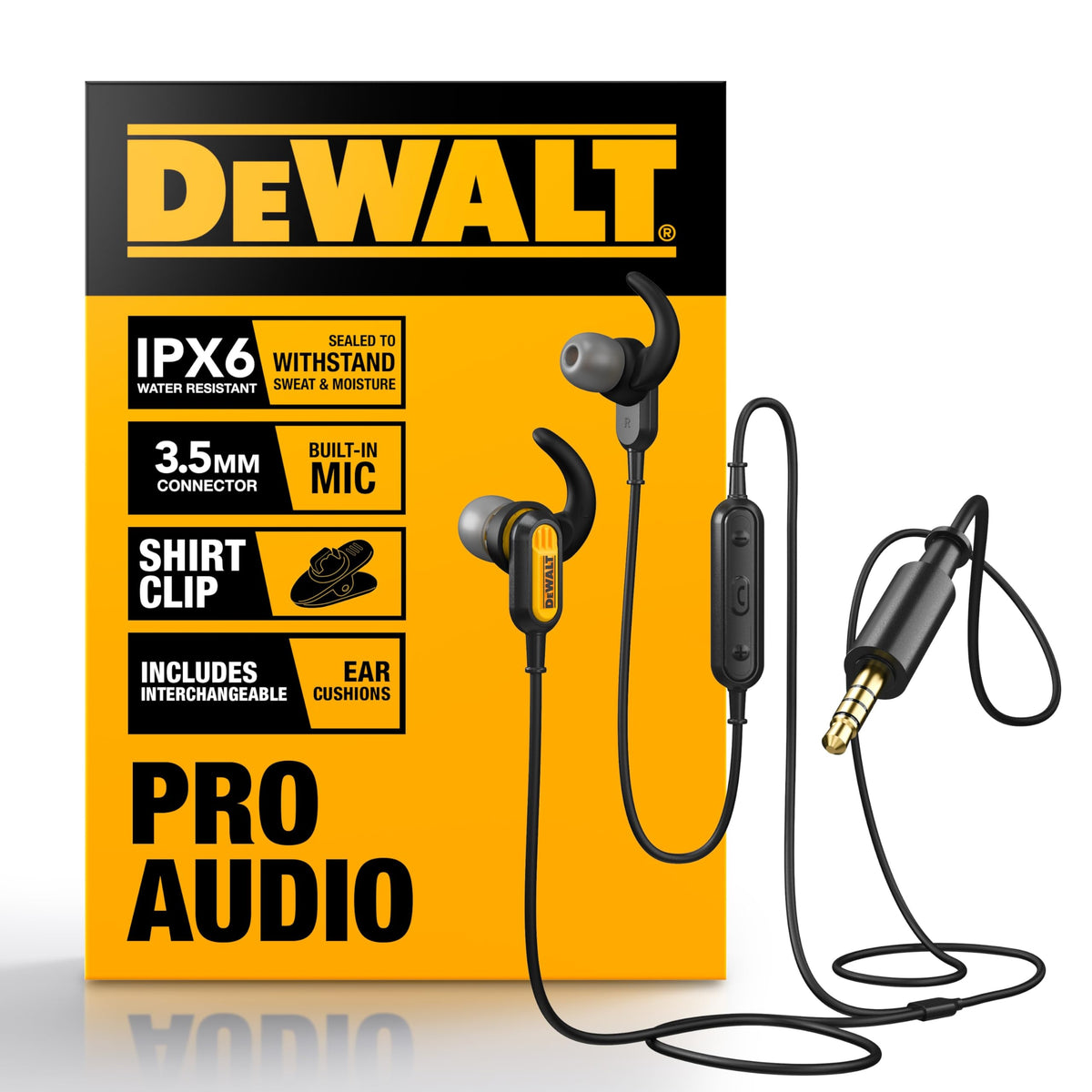 DEWALT heavy-duty wired earphones on a workbench for rugged site listening.