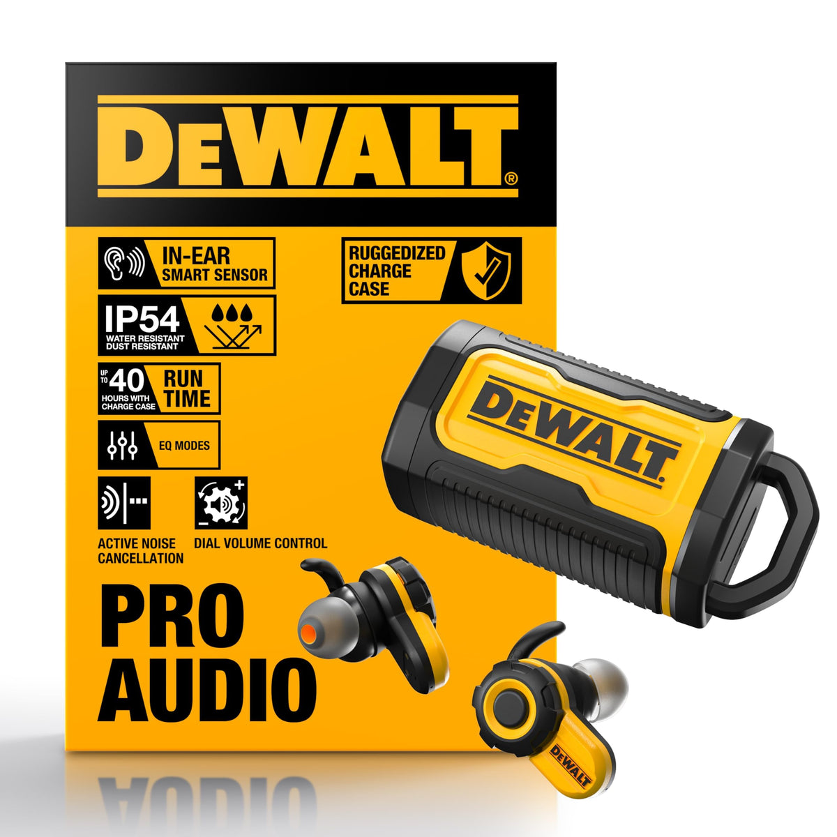DEWALT Jobsite Pro X2 ANC earbuds demonstrate noise cancellation for loud tools on site.