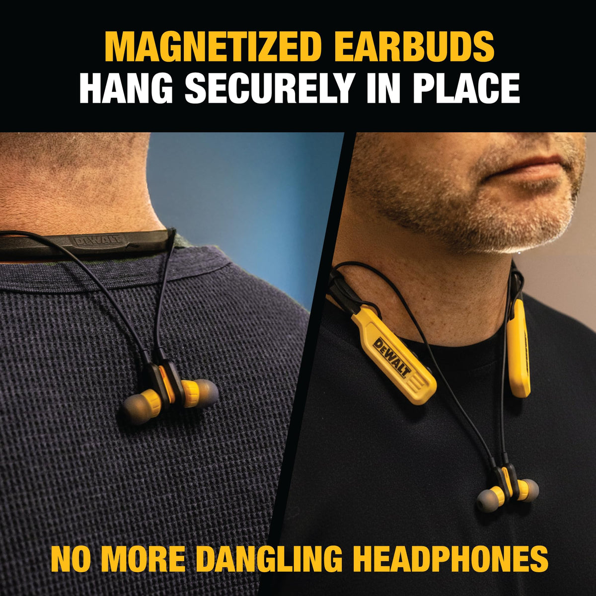 DEWALT neckband design demonstrates lightweight comfort for extended wear.