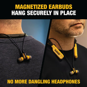 DEWALT neckband design demonstrates lightweight comfort for extended wear.