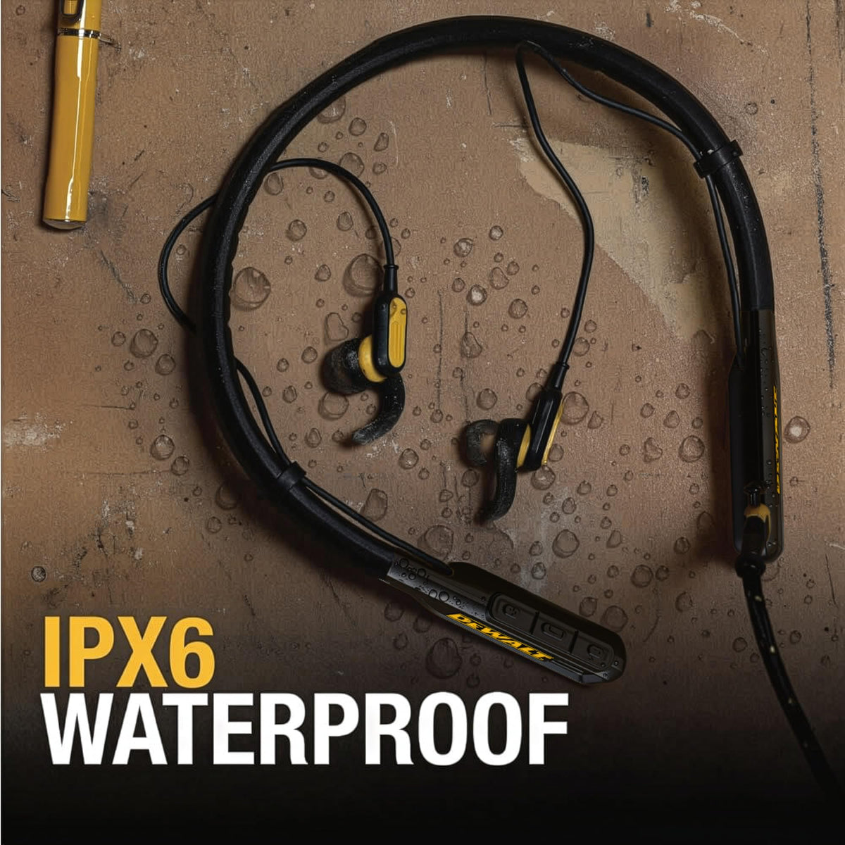 DEWALT magnetic earbuds with mic, secure wireless calls and music.