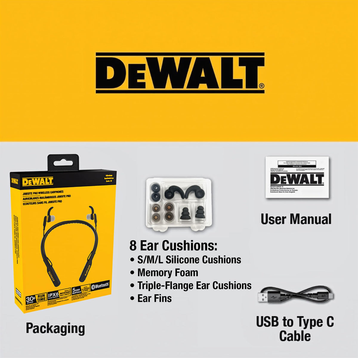 DEWALT neckband in black finish, lightweight and comfortable for all-day wear.