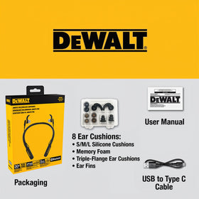 DEWALT neckband in black finish, lightweight and comfortable for all-day wear.