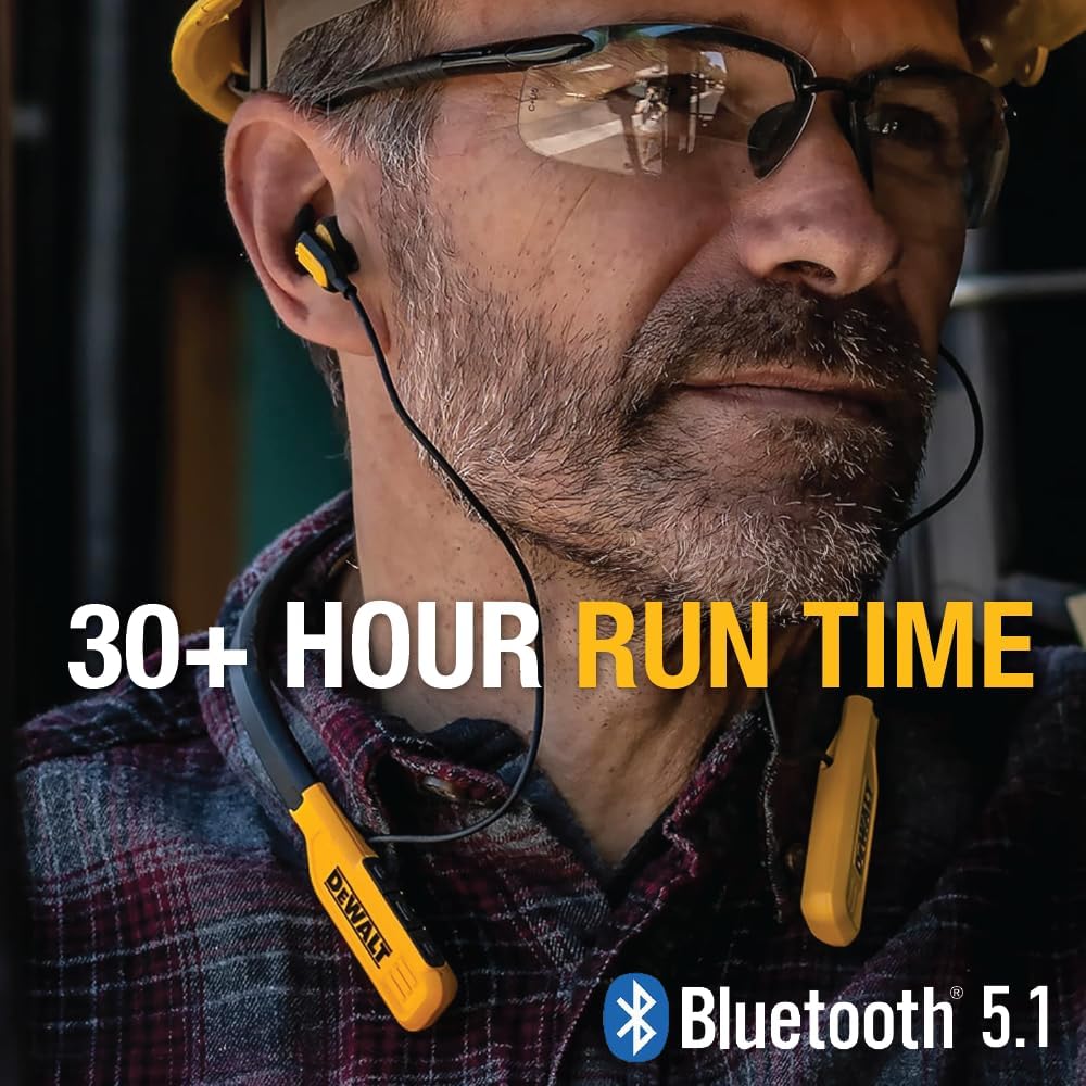 DEWALT neckband earbuds with magnetic closure provide secure fit during active tasks.