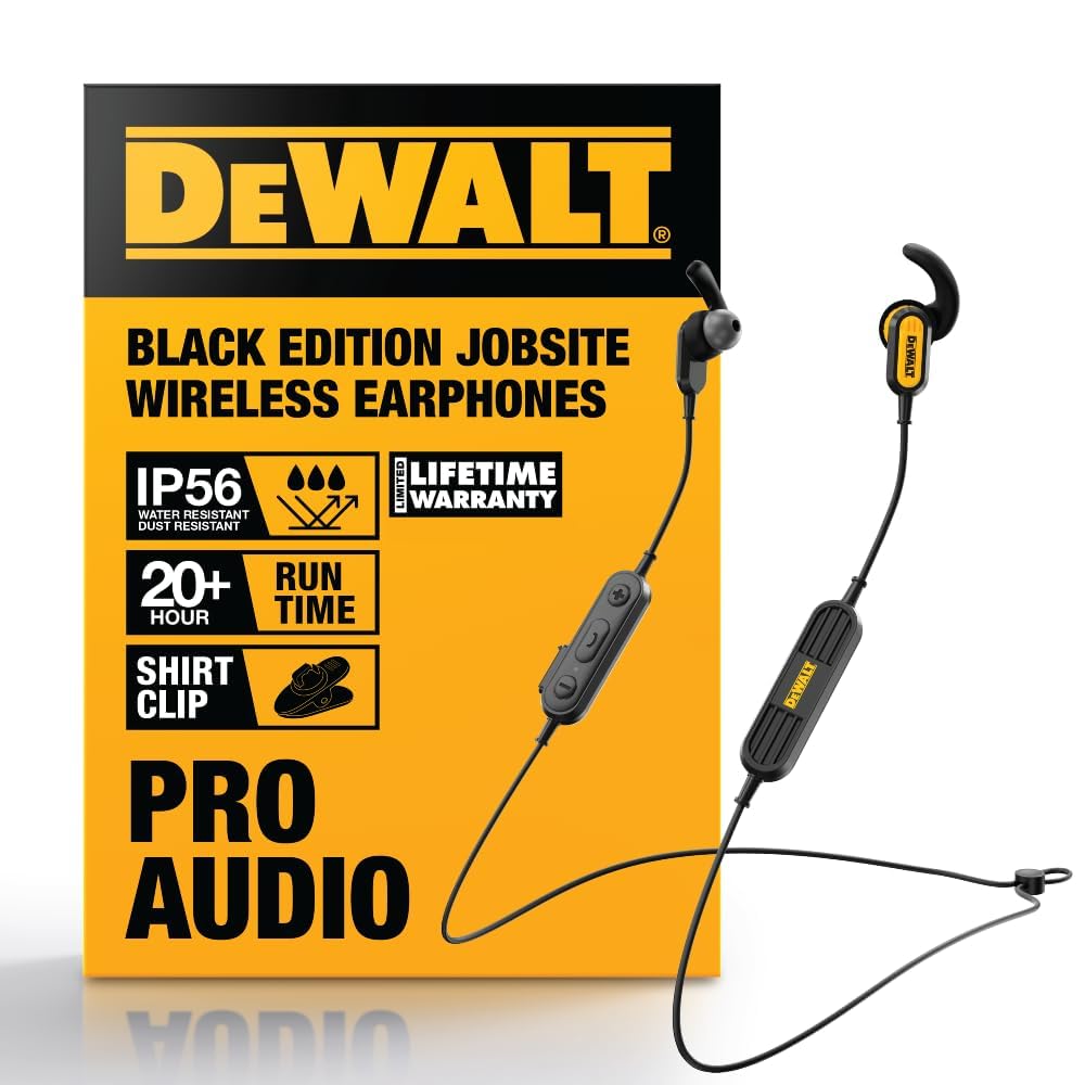 DEWALT neckband front view showing durable build and quick access benefits
