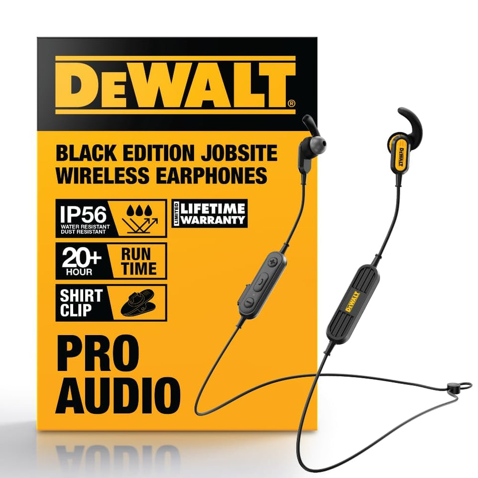 DEWALT neckband front view showing durable build and quick access benefits