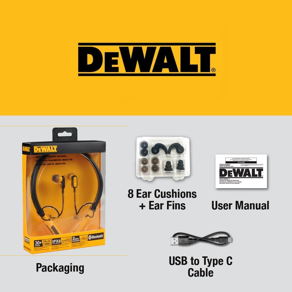 DEWALT on-jobsite usage with magnetic earbuds secured around the neck for convenience.