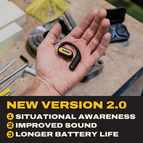 DEWALT open-ear headphones with 18x11mm drivers delivering bass and clarity