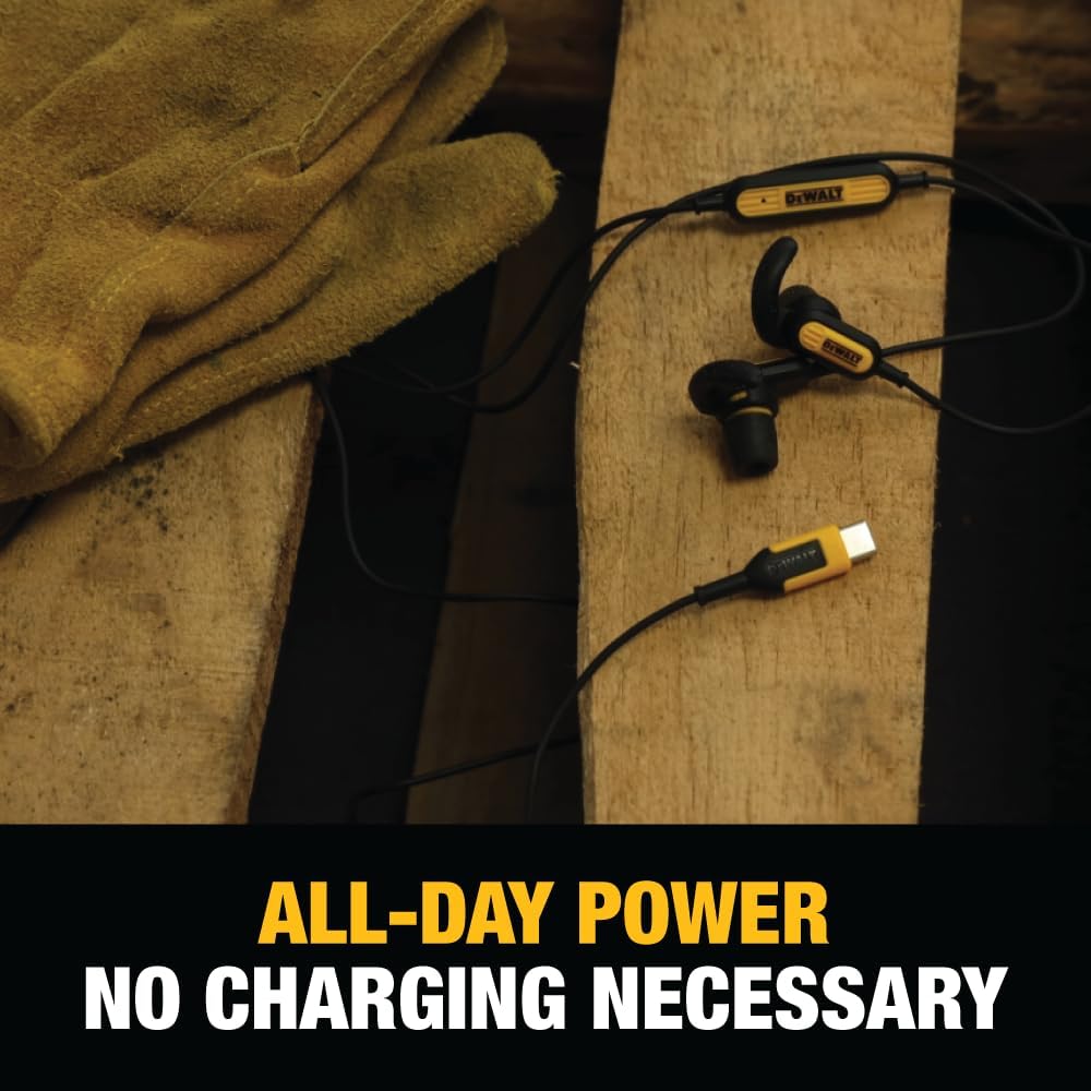 DEWALT package with USB-C headphones and control module on workbench