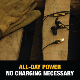 DEWALT package with USB-C headphones and control module on workbench