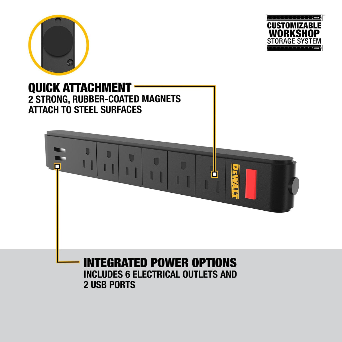 DEWALT power strip attached to a toolbox demonstrating quick repositioning and convenience