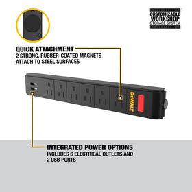 DEWALT power strip attached to a toolbox demonstrating quick repositioning and convenience