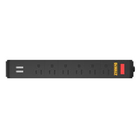 DEWALT power strip front view showing six outlets and two USB ports for organized charging