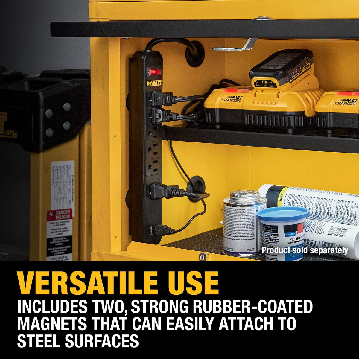 DEWALT close-up of USB ports and AC outlets showing easy device charging benefit