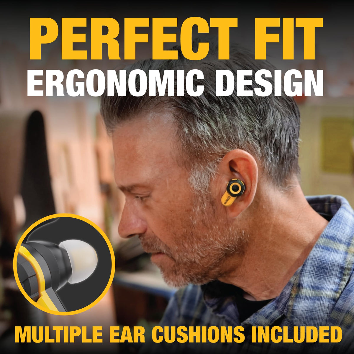 DEWALT Pro X2 earbuds with ANC illustrating noise isolation in a loud environment