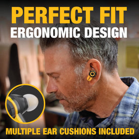 DEWALT Pro X2 earbuds with ANC illustrating noise isolation in a loud environment