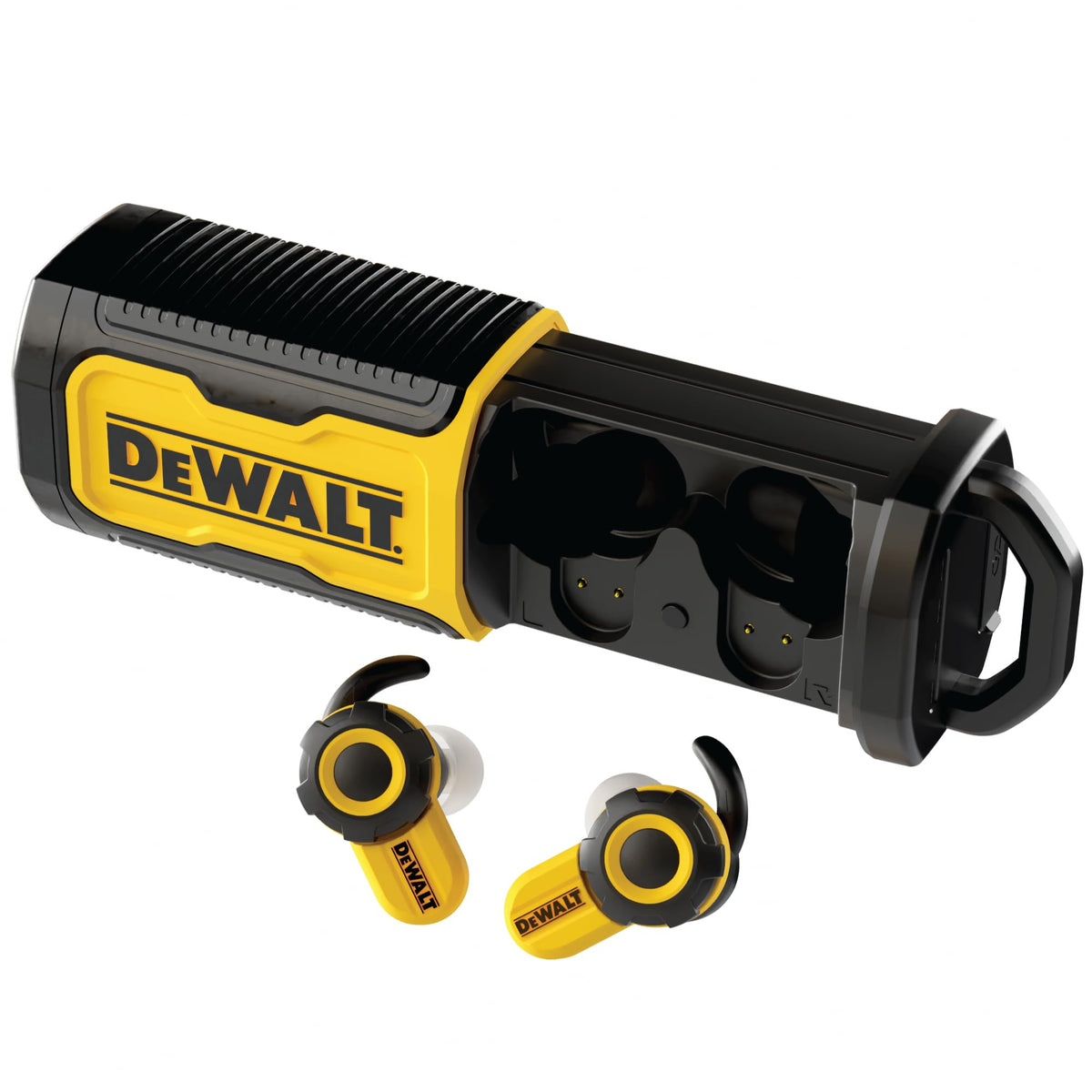 DEWALT Pro X2 earbuds showing glove-friendly dial control for quick volume adjustments