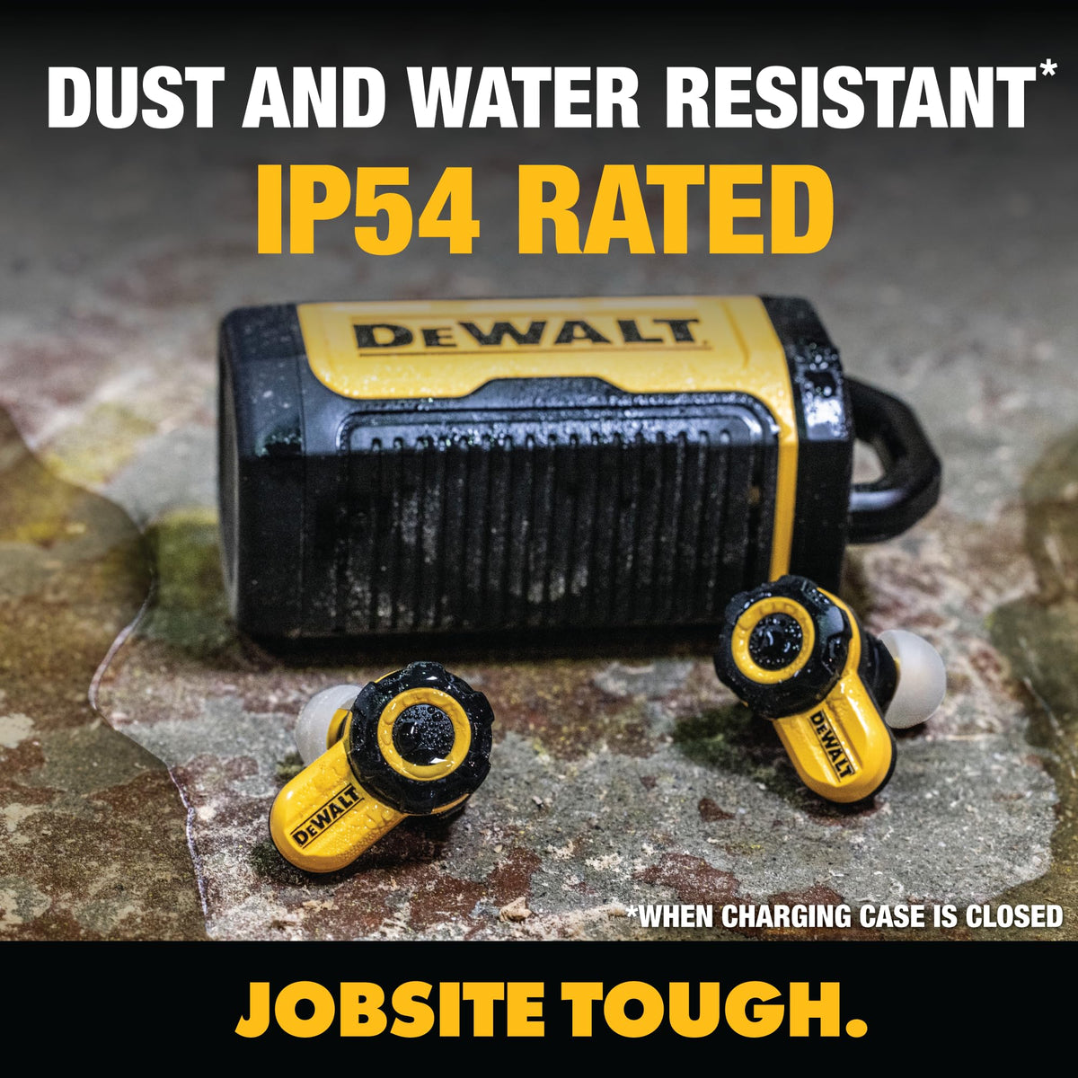 DEWALT Pro X2 earbuds on a noisy jobsite showing wireless performance