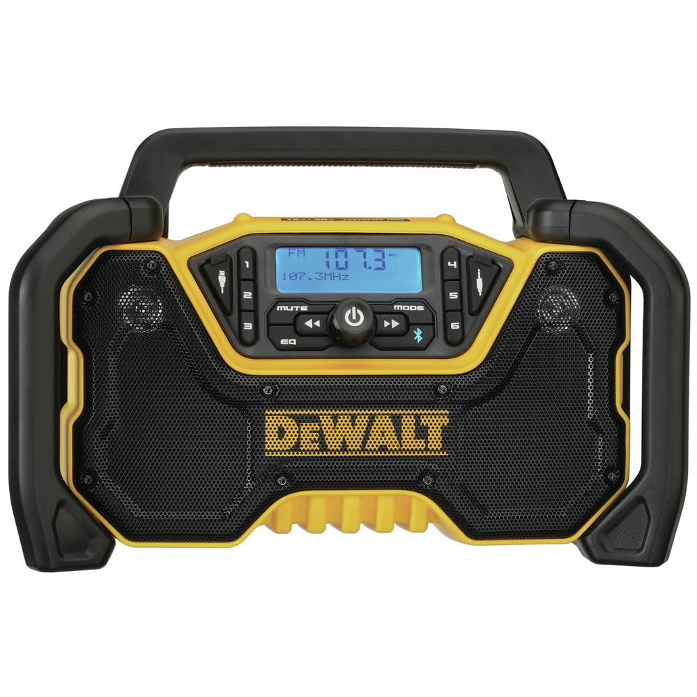 DEWALT DCR028B front view showing rugged jobsite radio design for tough environments
