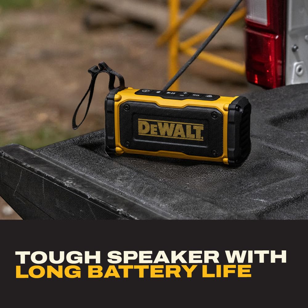 DEWALT ToughSound Pro selectable EQ modes tailor bass and vocals for environments.