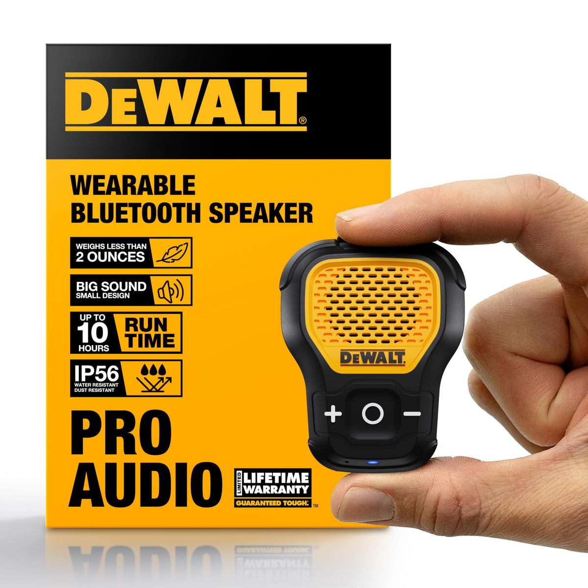 DEWALT wearable Bluetooth speaker clipped to a tool belt for hands-free audio
