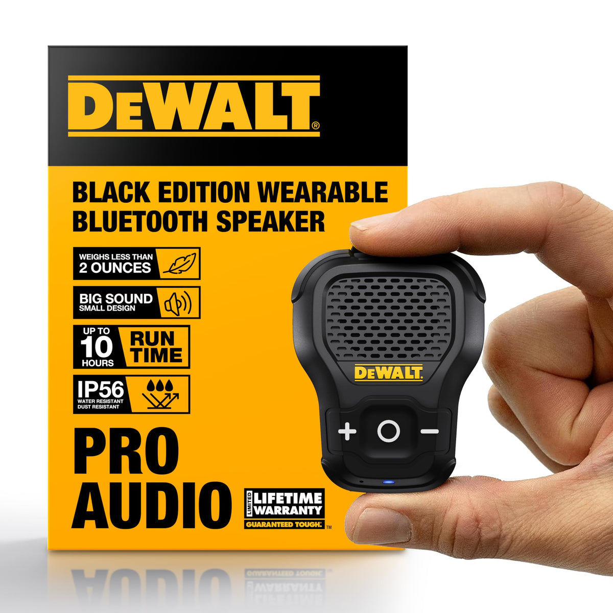 DEWALT wearable Bluetooth speaker Onyx edition clip-on for hands-free use on the job