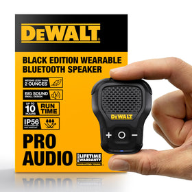 DEWALT wearable Bluetooth speaker Onyx edition clip-on for hands-free use on the job