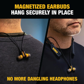 DEWALT wireless headphones worn around the neck on a busy jobsite, hands-free interaction.
