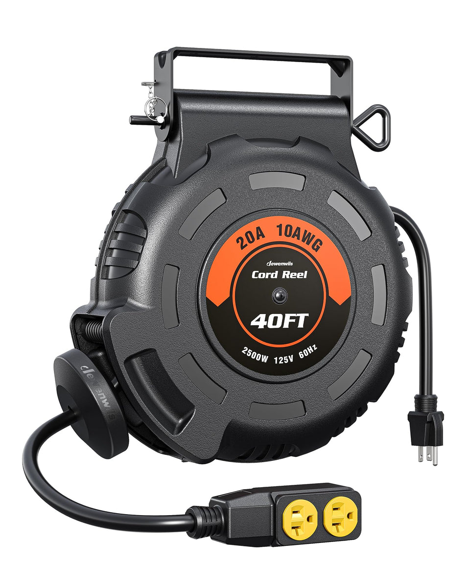 DEWENWILS 40 ft retractable reel in a garage for convenient power access