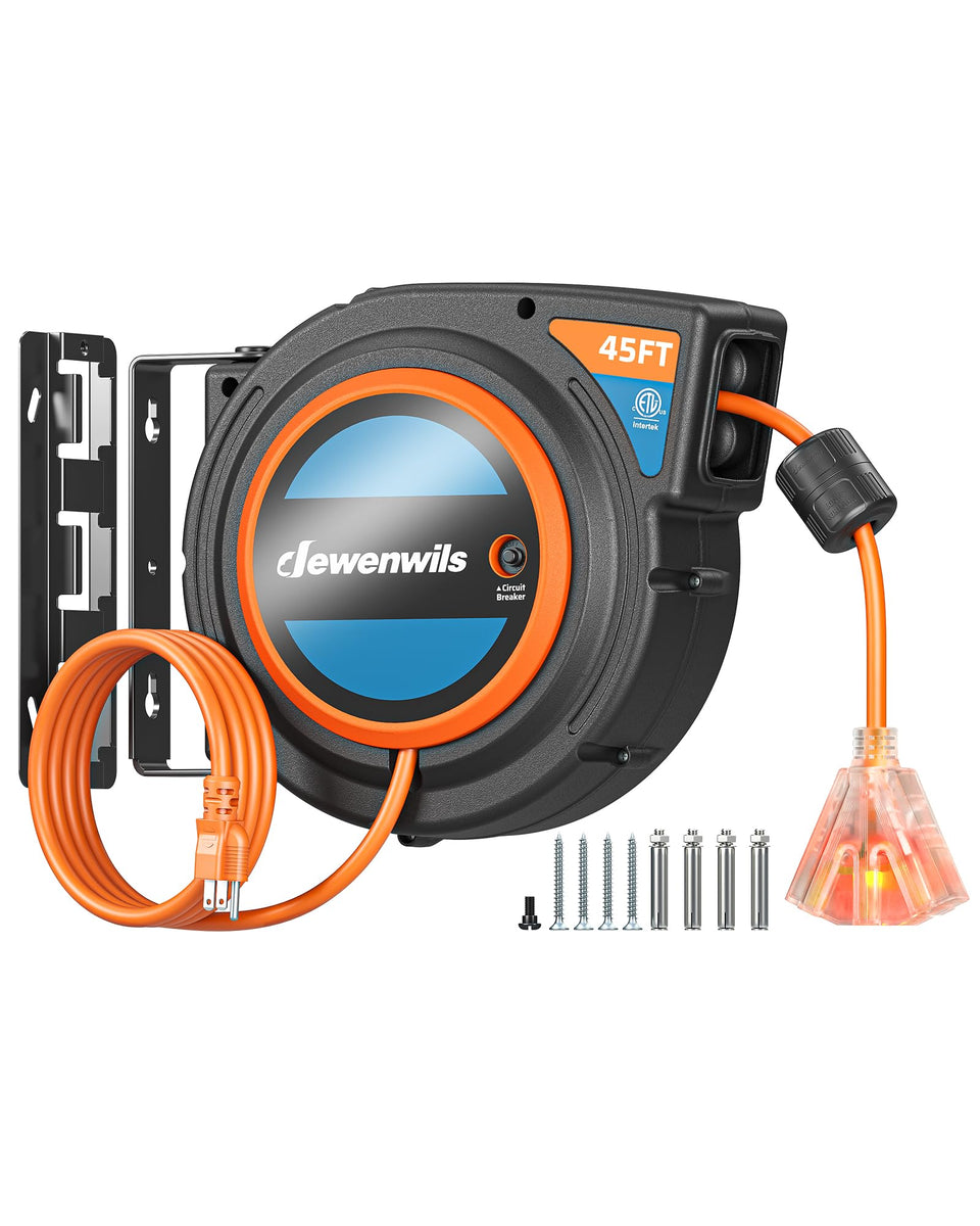 DEWENWILS 45ft retractable reel mounted for convenient reach in a workshop