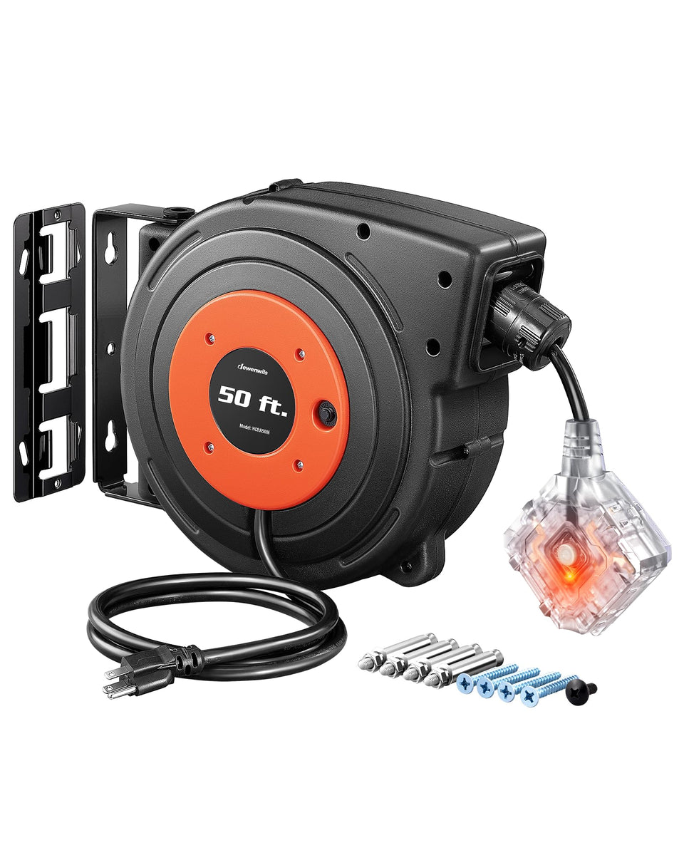 DEWENWILS 6 outlet retractable reel showing six grounded outlets for multiple devices