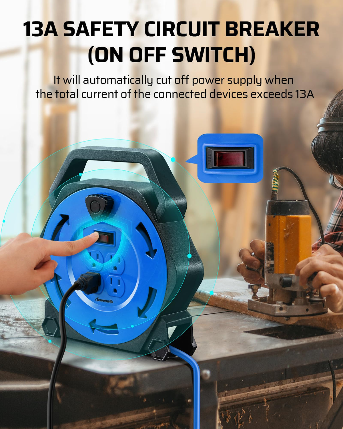DEWENWILS cord stretched in use powering tools, provides extended reach benefit